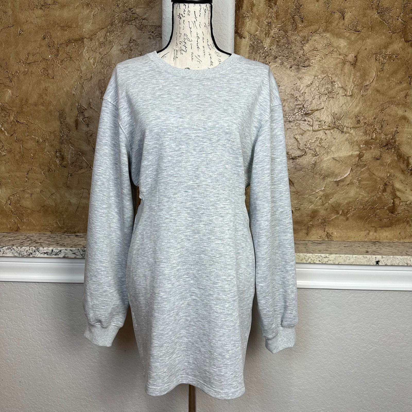 Commense Cutout Open Back Fleece Sweatshirt Mini Dress Large Light Gray Comfy